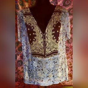 LUCKY BRAND Sheer Blue Bandana Design Blouse Top Shirt LG